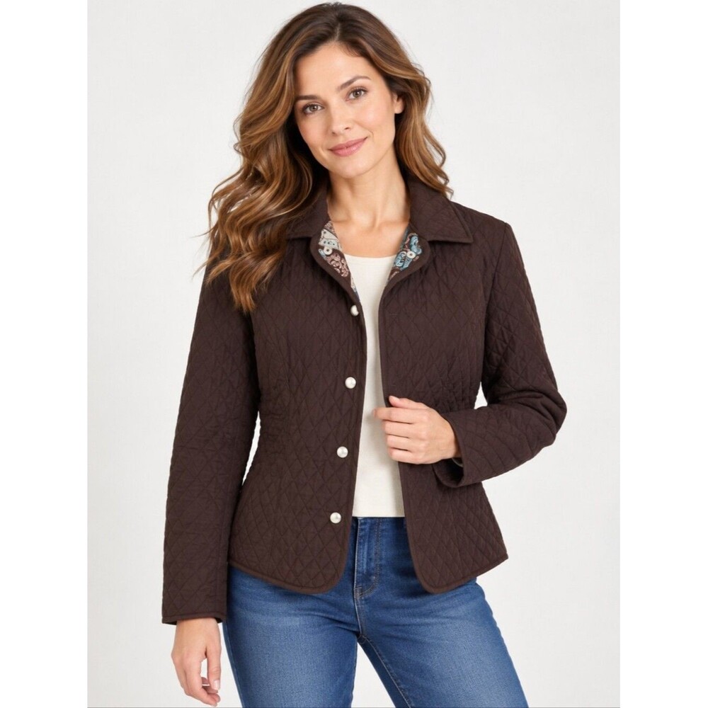 Vintage Kellwood women's quilted clip buttons jacket coat, 10P, brown